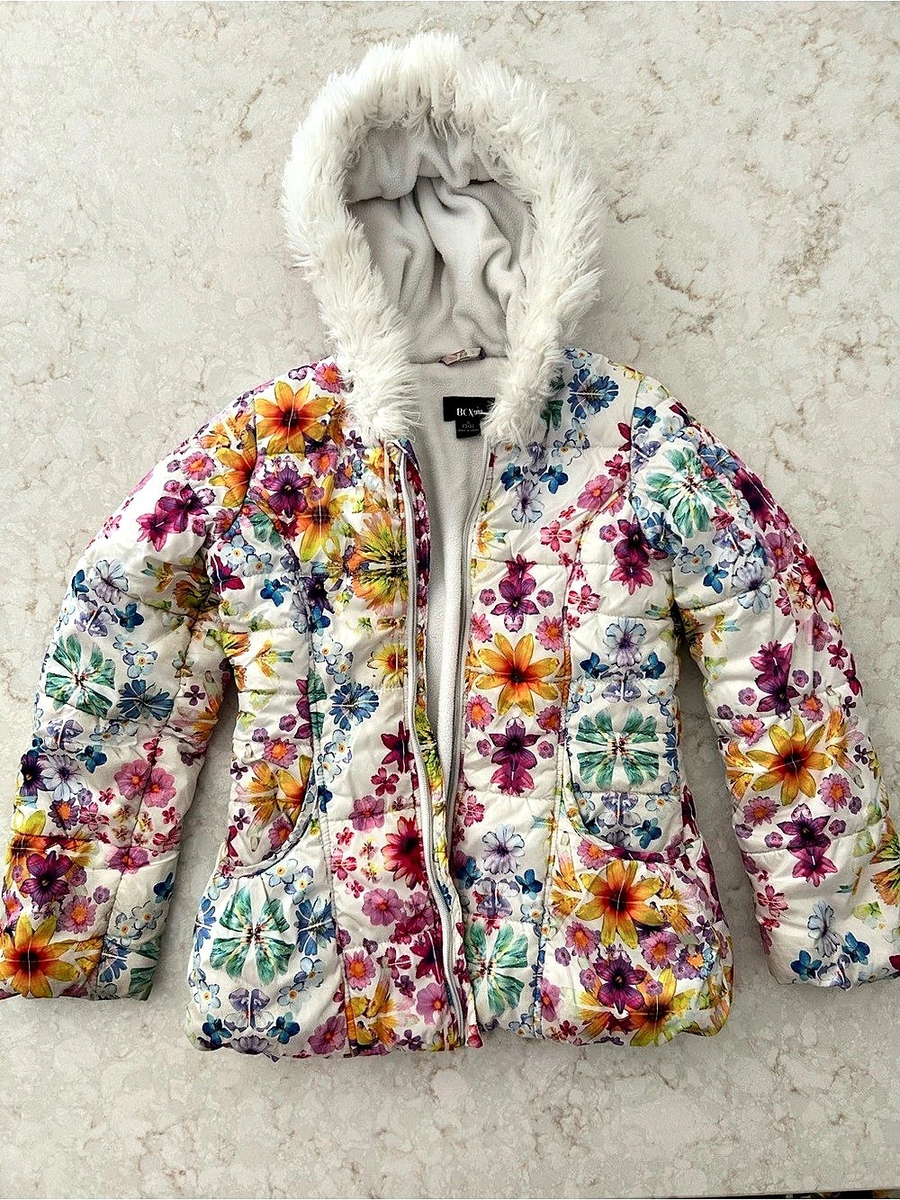 Girls Multi-Colored Floral Winter Jacket with Fur Lined Hood